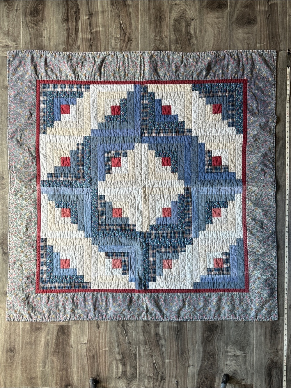 Vintage Blue Cream Patchwork Log Cabin Pattern Patchwork Quilt Handmade